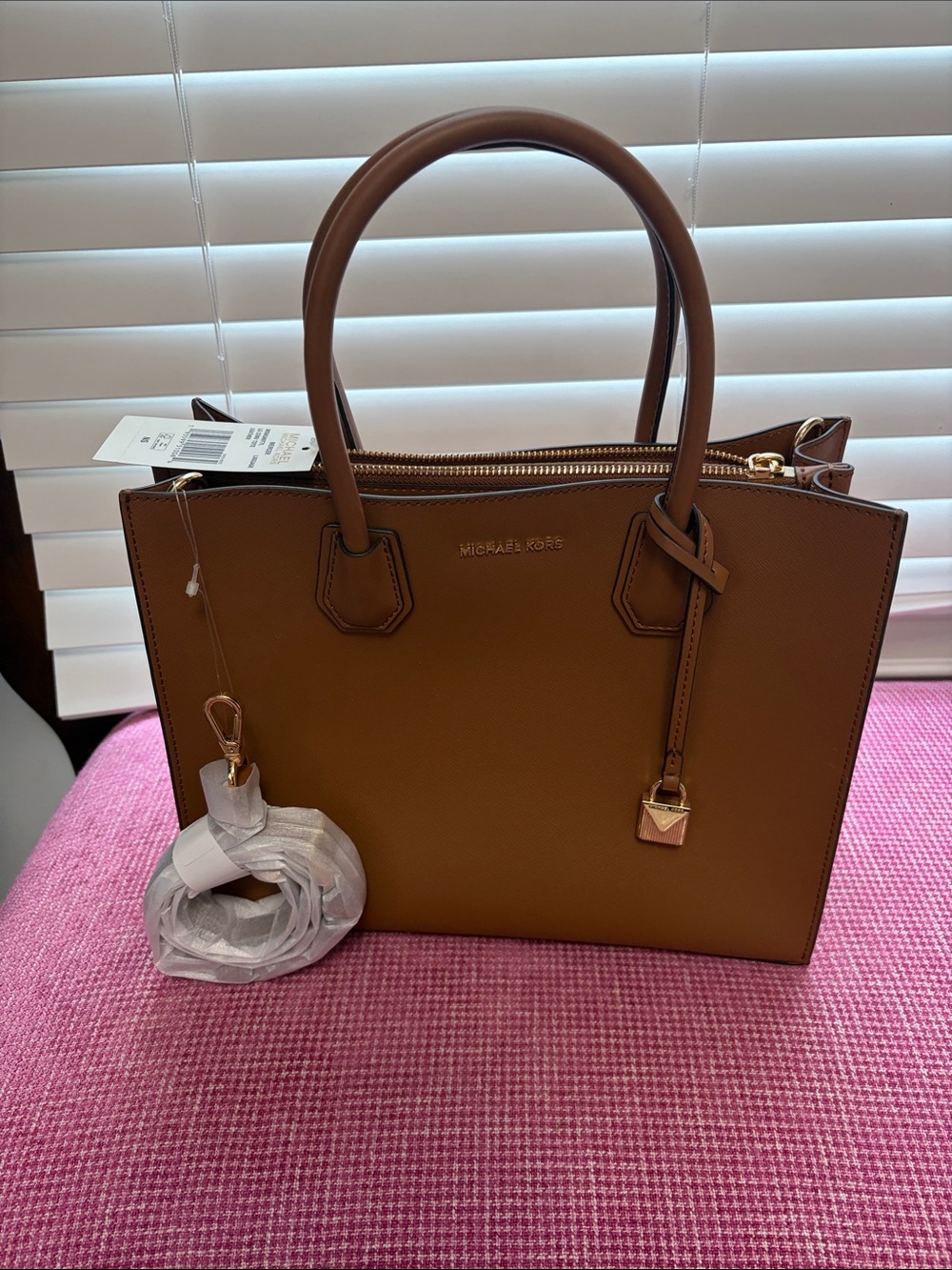 Michael Kors Leather Satchel in Camel Brown with Gold Hardware